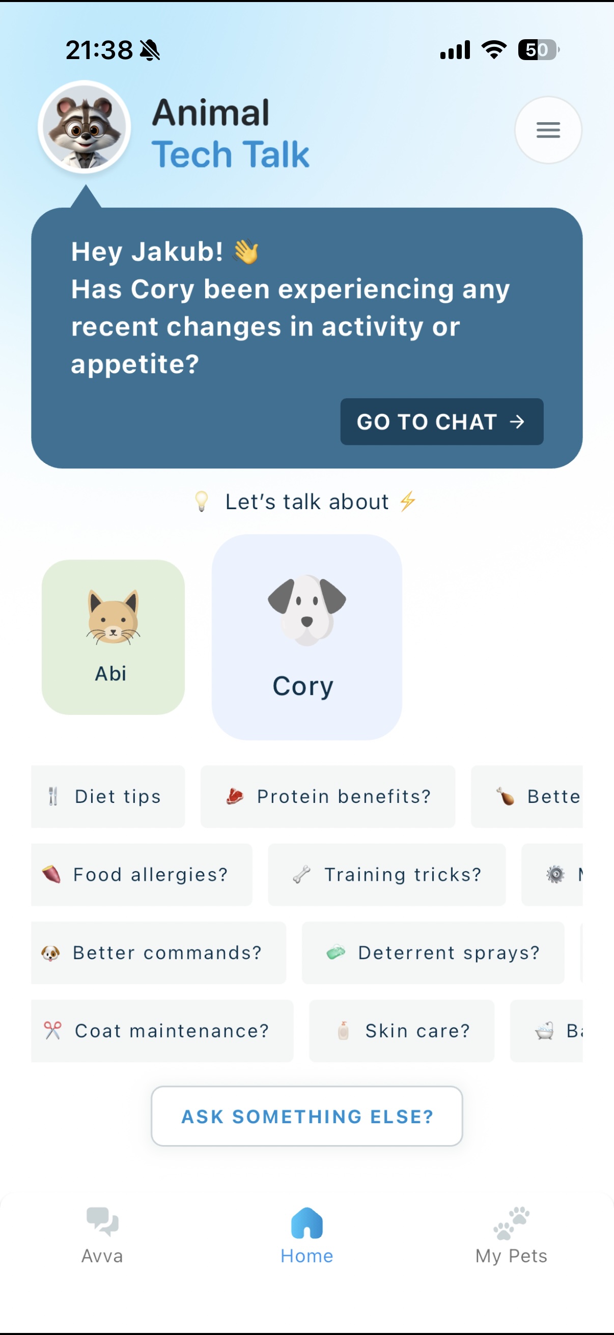 Animal Tech Talk home screen showing multiple pet profiles and topic suggestions