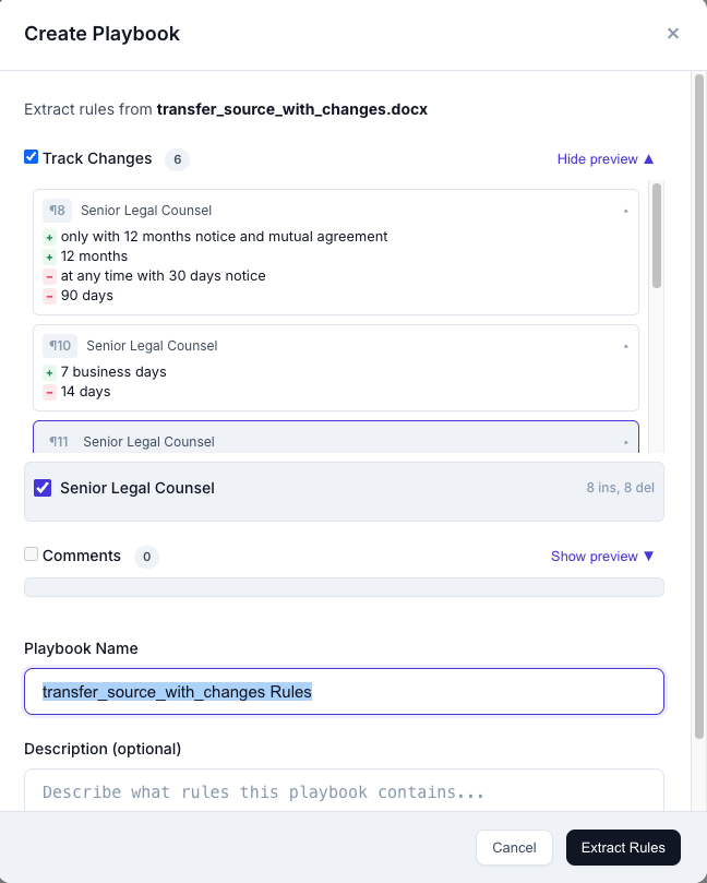 Lexedit Create Playbook dialog showing extracted rules from track changes by Senior Legal Counsel