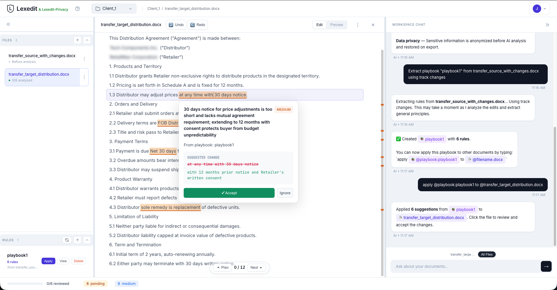 Lexedit workspace showing contract review with risk-classified clauses, suggested changes, and playbook application via chat